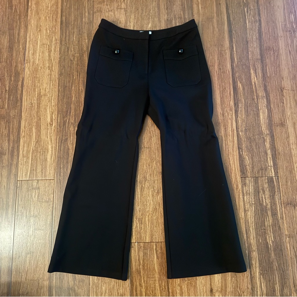 Y2K Vintage Flare Trousers High Rise Button Patch Pocket Black Ponte Dress Pants